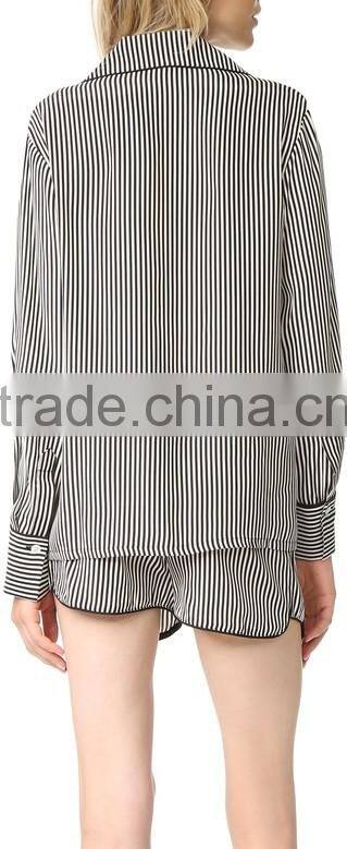 High quality smooth ladies pajamas fashion long sleeve women silk striped pajamas