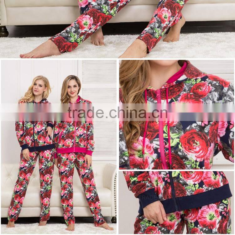 Custom made plus size women pajamas with hood flower printing winter design homewear pajama
