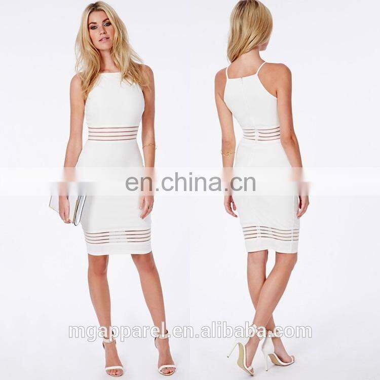 hot sales summer sexy strappy mesh detail white bodycon midi dress