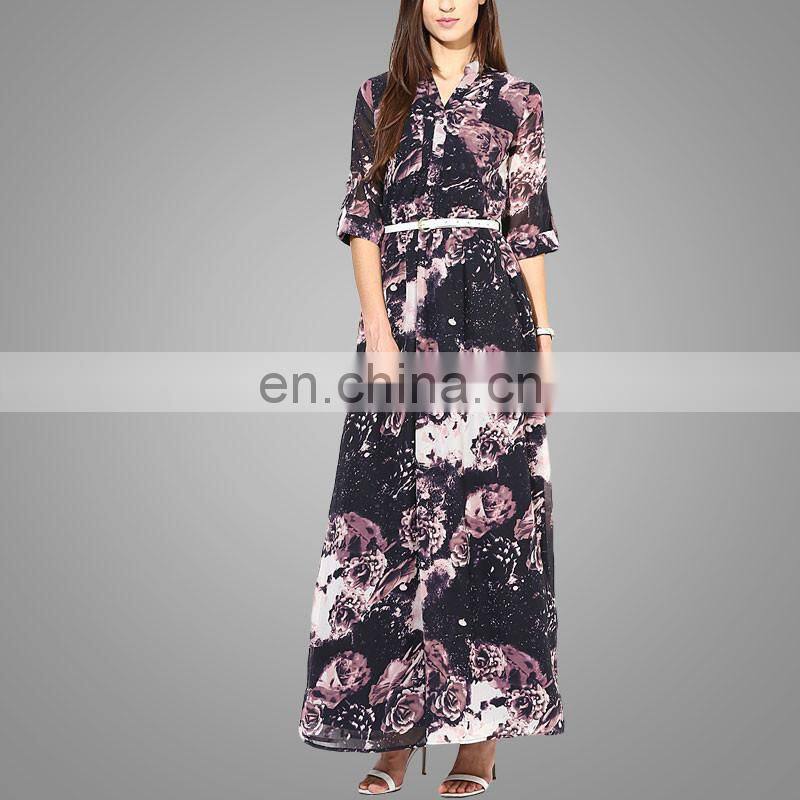 Navy blue coloured printed maxi dress dubai long dresses fancy maxi dress with long sleeve & belt