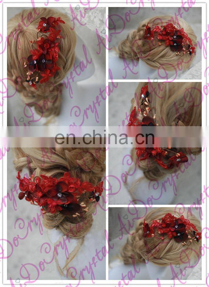 Aidocrystal deep red hairpiece, red flower bridal hair flower headband headwear