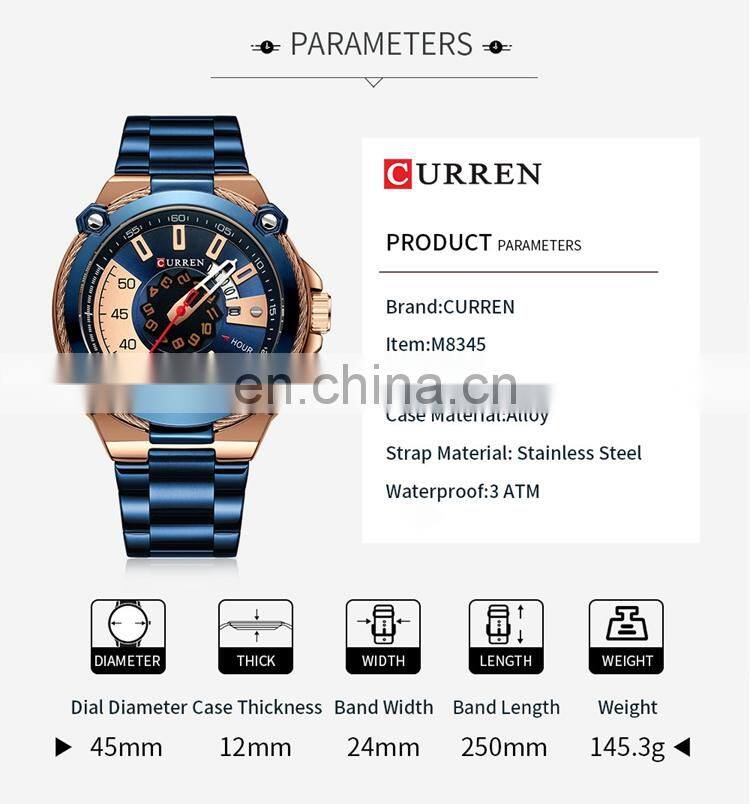 CURREN 8345 Mens Fashion Watches Stainless Steel Japan Quartz Calendar Auto Date Watch For Men 2021