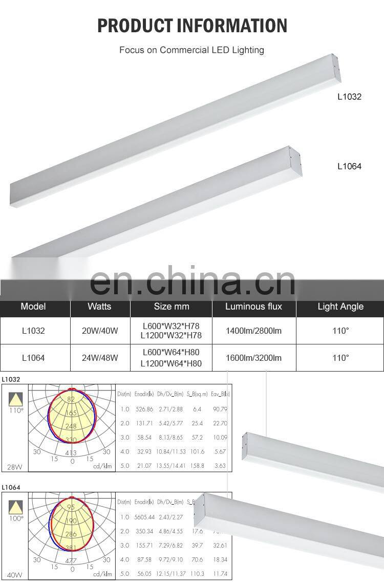 Various Mounting Ways Aluminum Indoor Office Studio 60CM 120CM 24W 48W LED Pendant Lamp