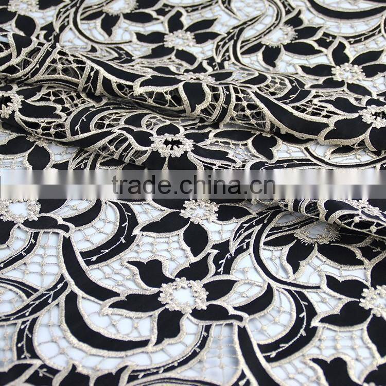 Hot-selling promotional custom chemical evening sexy dress use hot popular black gold lace fabric
