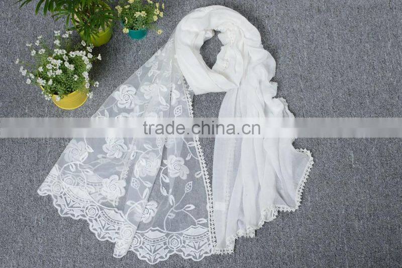 2016 Autumn Winter Large Long Plain Cotton Linen Lace Flower Scarf
