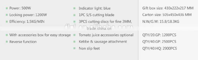 Electric Meat Grinder with 1,200W Power, ETL, GS and RoHS Approvals