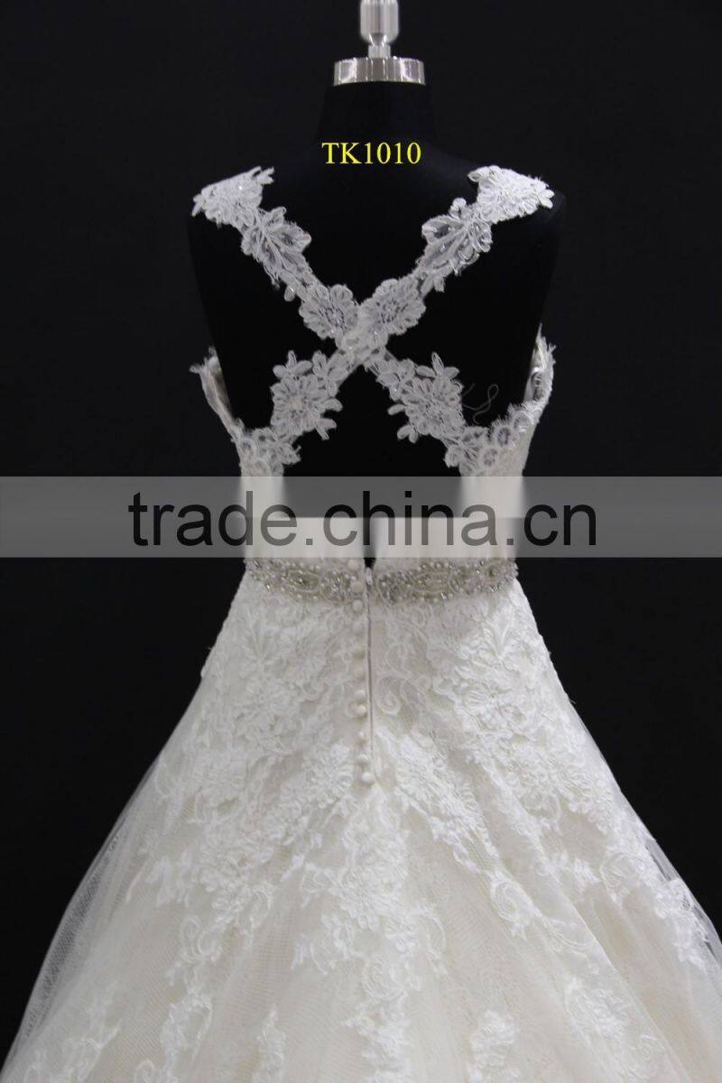 Two straps cross back L.gold/IV colored A-line 2016 wedding dress with long train