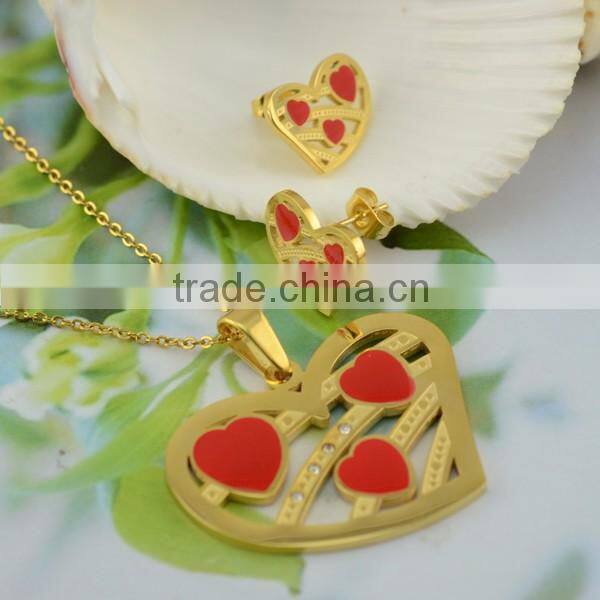 Stainless Steel Necklace And Earring Ring Bridal Wedding Jewelry Sets With Red Hearts Around