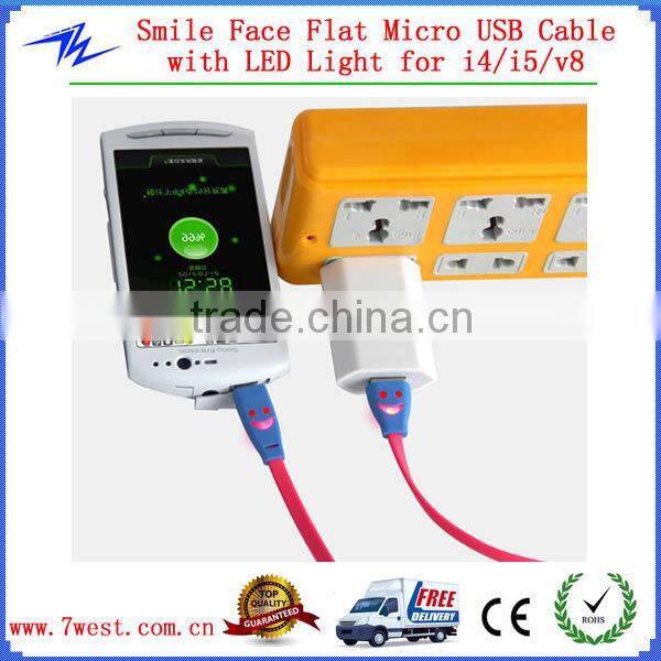 LED Light Flat Micro USB Data Sync Charger Charging Cable For Smart Phone
