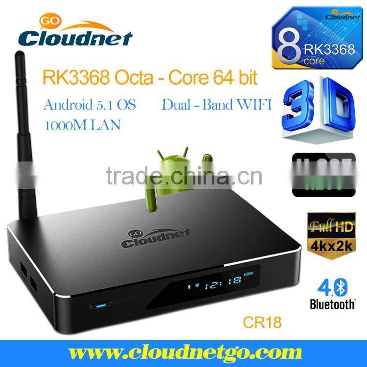 Cloudnetgo google play store android tv box CR18 in RK3368 Octa Core Android 5.1 OS 4K UHD TV box Smart TV box with Kodi 16.1