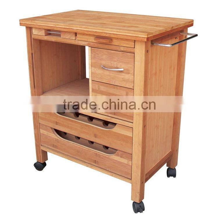 Wooden Kitchen Serving Trolley Service Cart with 4 Tiers and Wine Bottle Holders and Casters for Sale