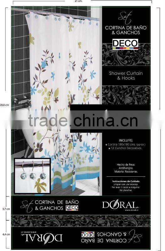 1PCS PEVA shower curtain with12pcs decorative hooks