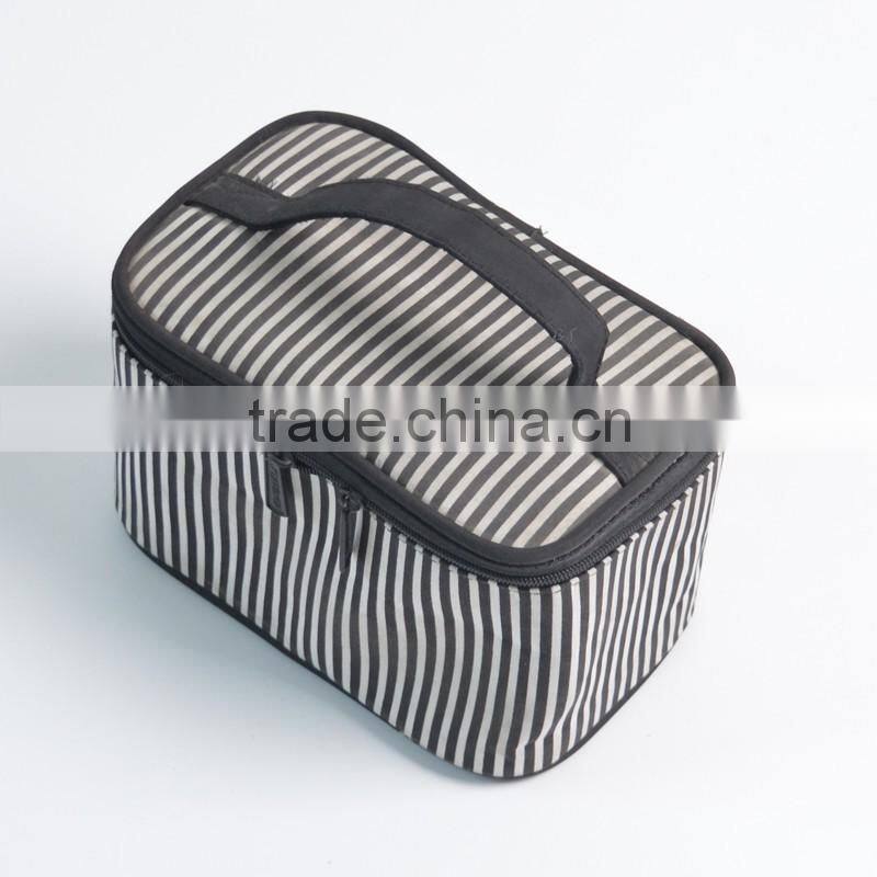 polyester toiletry organizer bag white strips print travel cosmetic bag with mirror inside