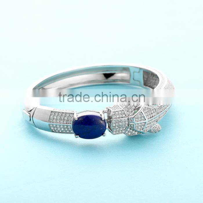 925 Sterling Silver Fashion Lapis Lion Head Bangle Bracelet SBG763W