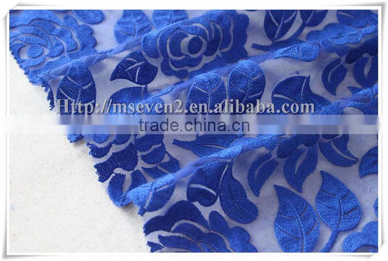 Applique blue rose embroidery tulle lace fabric chemical mesh guipure dress fabric