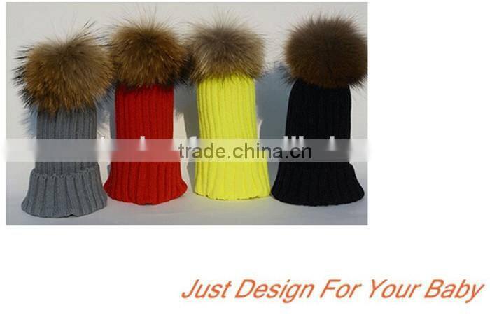 Children hat kids hat Children Winter Raccoon Fur Hats 100% Real 15cm Fur pompom Beanies Cap Natural Fur Hat For Kids Children