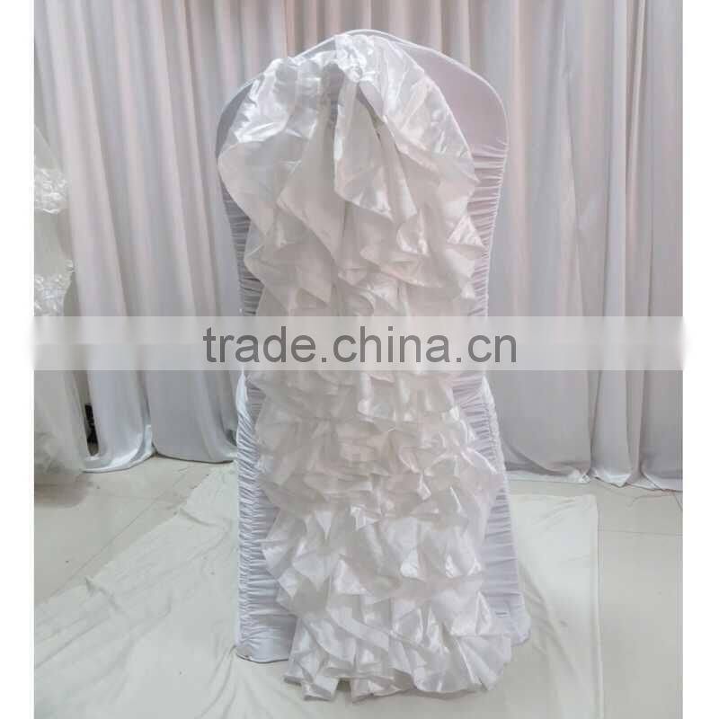 High Quality White Ruffled Spandex Chair Cover With Satin Crush Flower For Wholesale Price