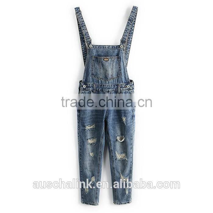 autumn new style high quality washed damaged bib pants customized