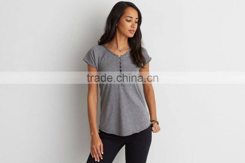 Tagless comfort lace up raglan scoop bottom women t shirt with distressed