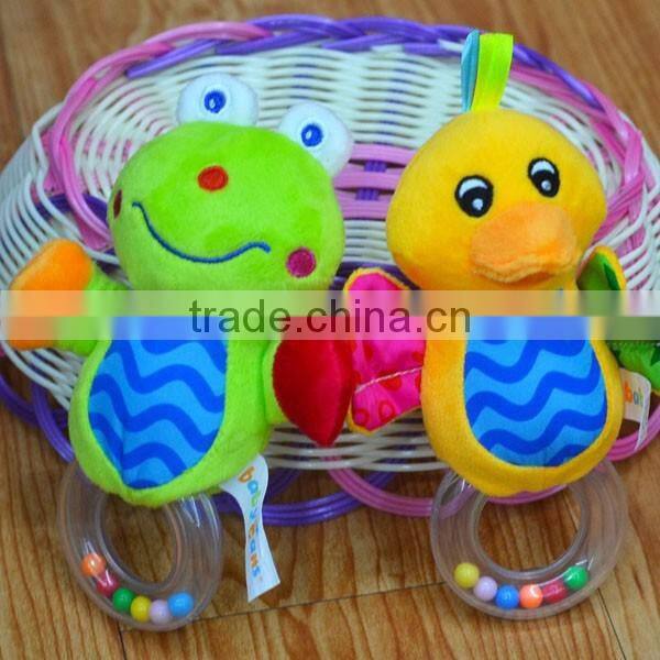 Cute animal baby educational plush toys with ring in colorful beans baby gifts