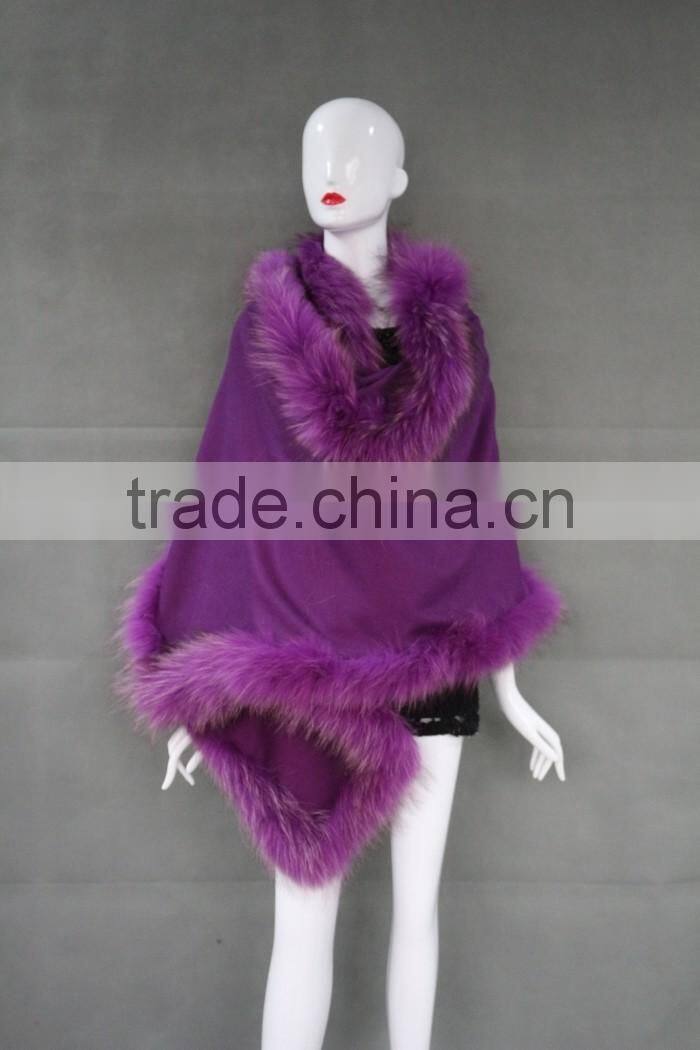 Wholesale Ladies Latest Cashmere Shawl & Fur Cape With Raccoon Fur Trims