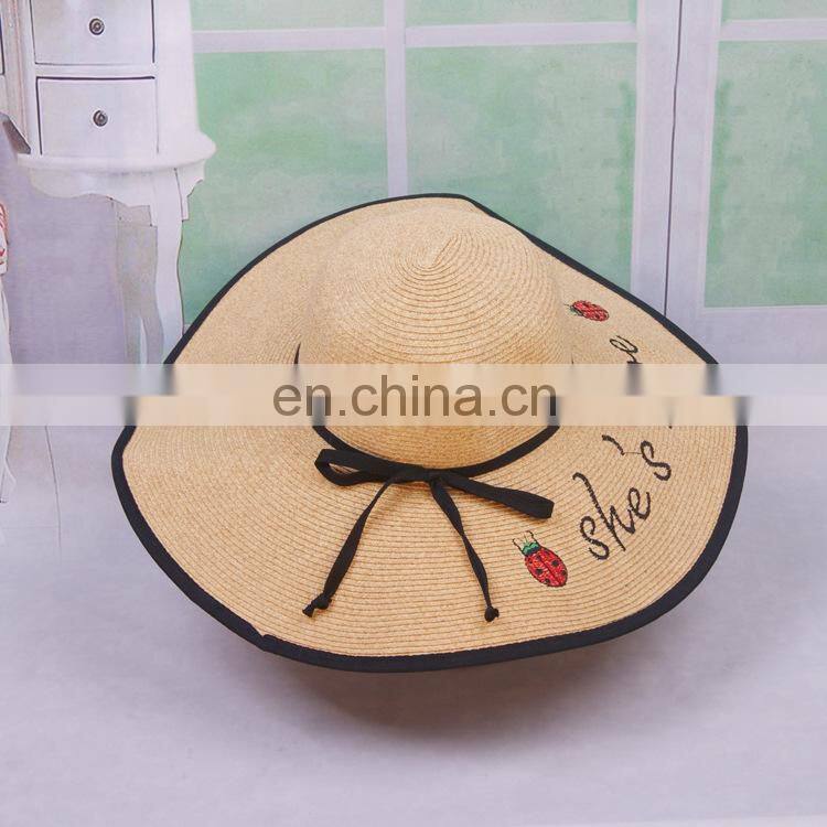Ladybug Letters Embroidery Straw Hat Large Eaves Sunscreen Beach Hat