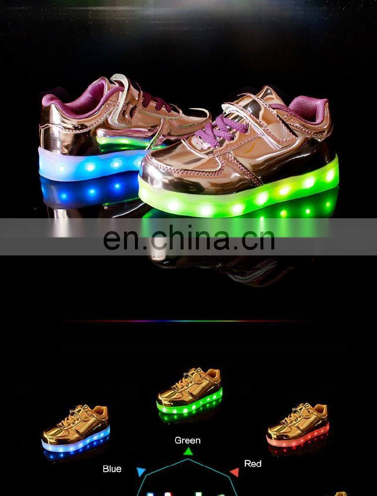 Factory Wholesale new design shining mirror finish PU leather Children Kids LED shoes sneakers footwear