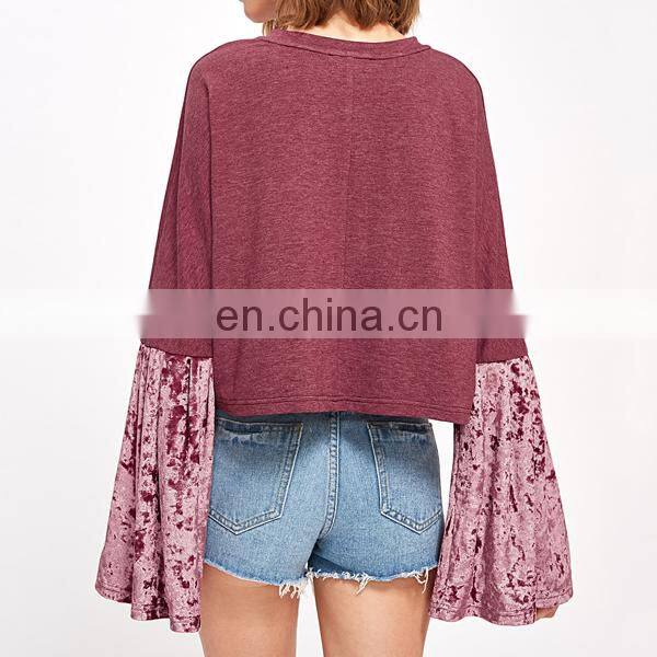 Wholesale crewneck sweatshirt plain sweatshirt custom velvet bell sleeve mixed top