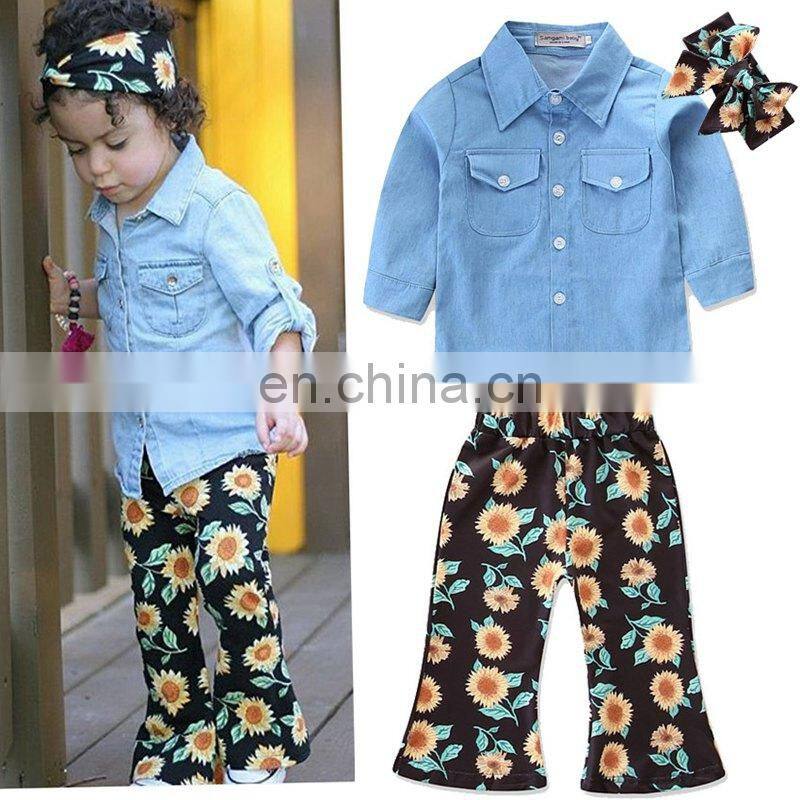 Baby Floral outfits girls headband + top + chrysanthemum print Bell-bottoms pants 3pcs/set Autumn suit Boutique
