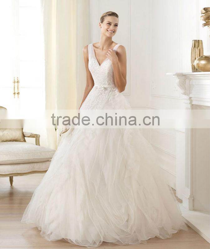 2014 Gorgeous V neck Straps Lace Organza And Ruffle Wedding Dress Sash