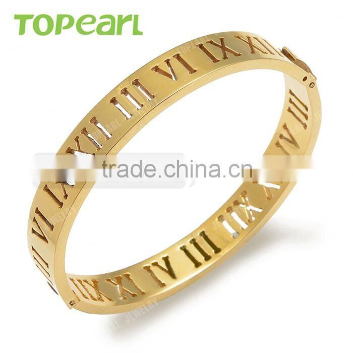 Topearl Jewelry Wholesale Stainless Steel Bangle Classic Roman Numeral Bangle Gold MEB400