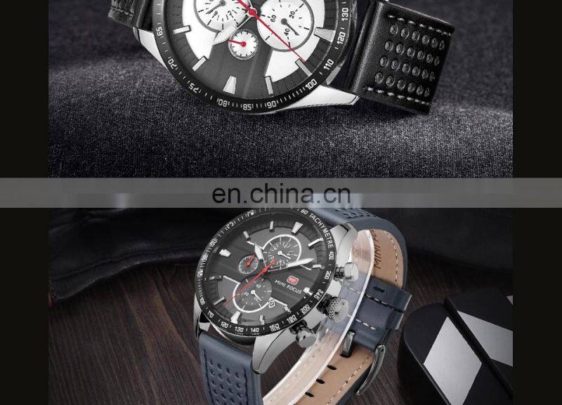 MINI FOCUS MF0002G 2018 New Fashion Big Dial Calendar Chronograph Analog Men Business Watches Luxury Leather Strap Dual Display