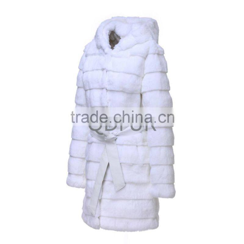 Lady Winter Long Genuine Natural Rabbit Fur Coat with Hoodied D0019