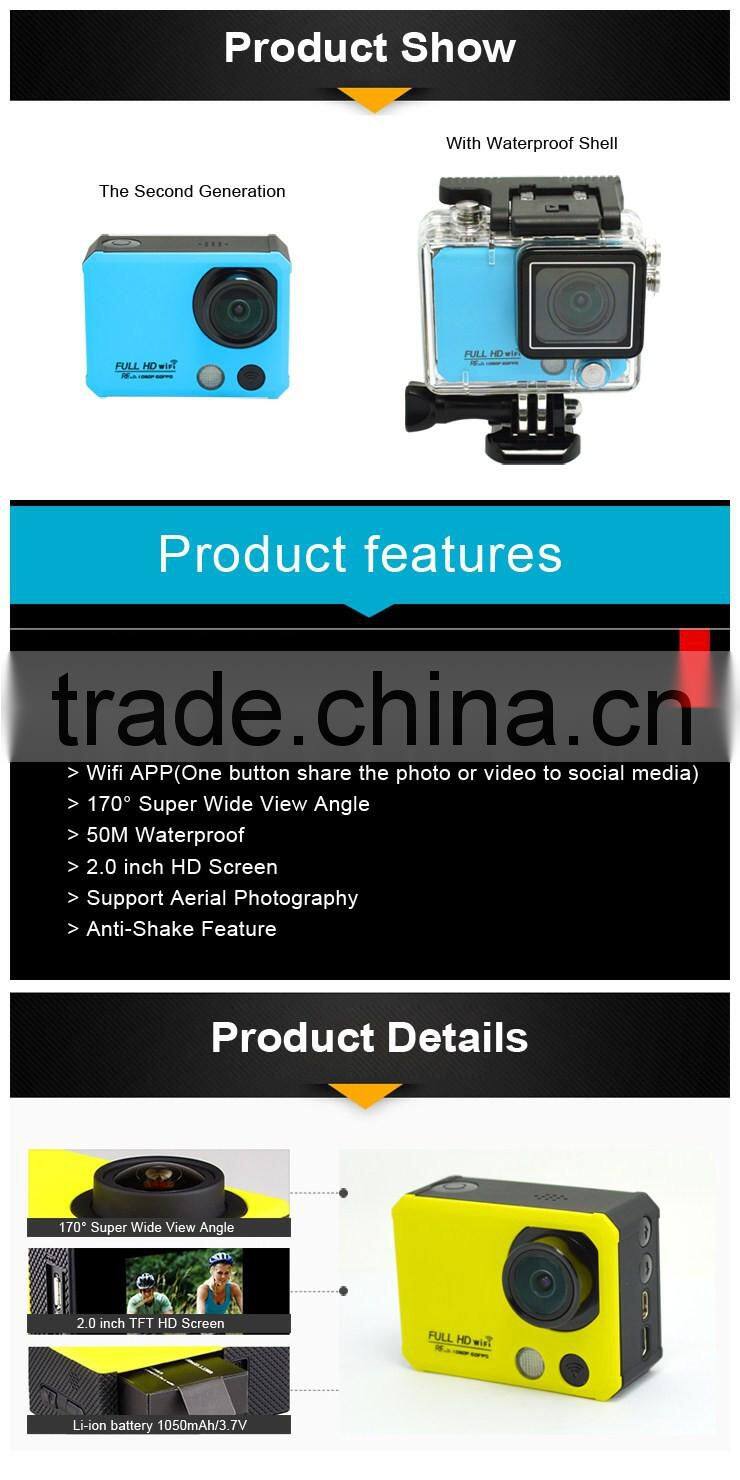 2016 WiFi Action Camera Helmet Sports Camera Waterproof With 2 Batteries and 1 Battery Charger Support Audio