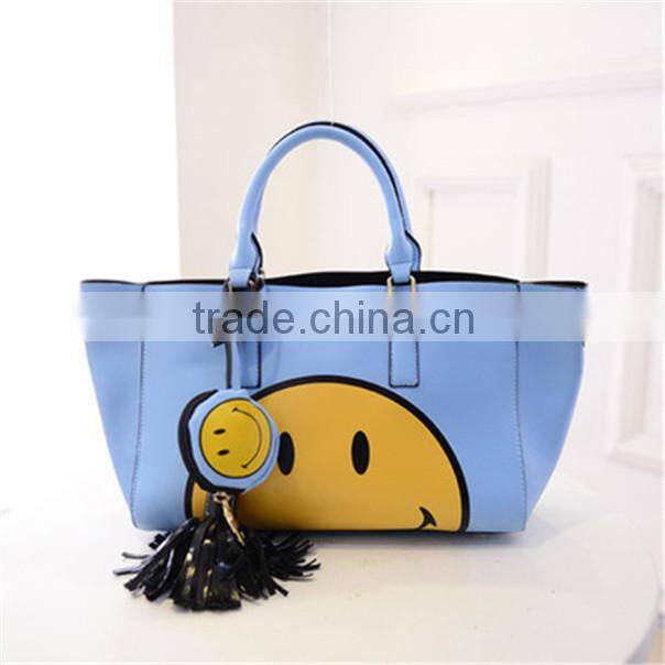 Novelty smiling face cartoon ladies PU tote bags