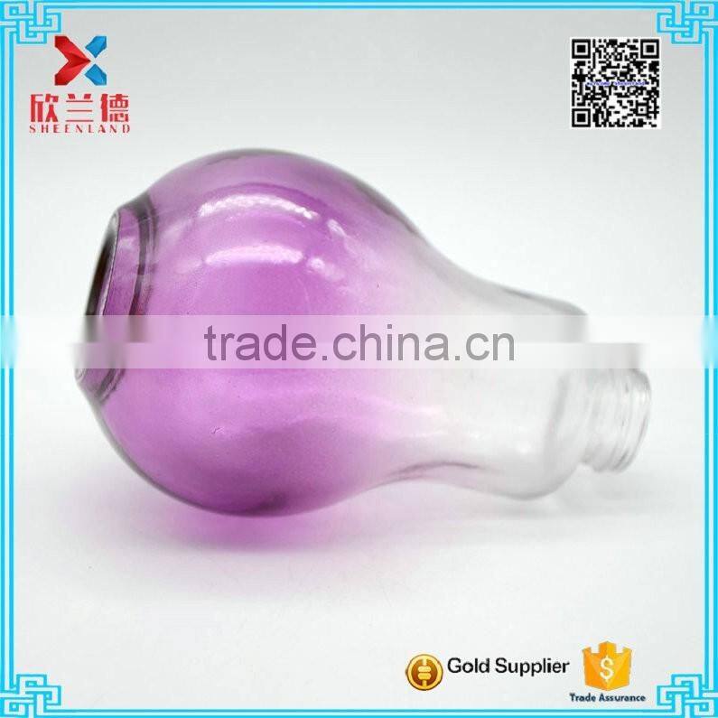 New Arrival!! unique color glass bottle, bulb colored lamp bulb bottle, 200ml purple bulb bottle for beverage with silver cap