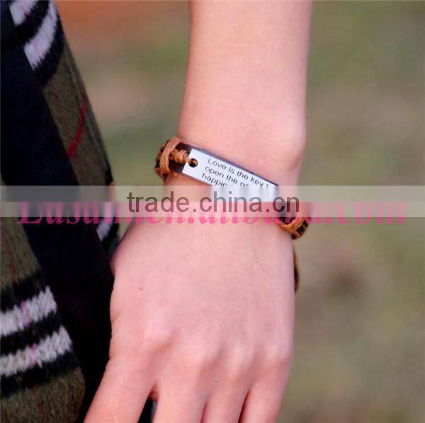 Vintage letters engraved with metal plate pu leather bracelet