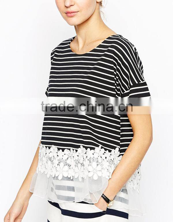 Stripe Blouse With Floral Lace Hem fashion design lady blouse
