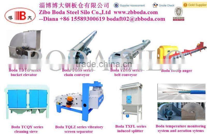 Roof grain scraper / chain conveyor on steel silo with catwalk for supporting