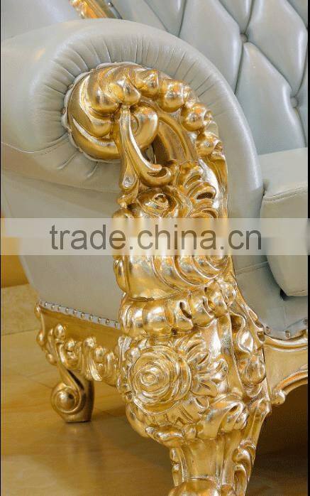 Luxury living furniture wood carving goldfoil light blue genuine leather sofa set