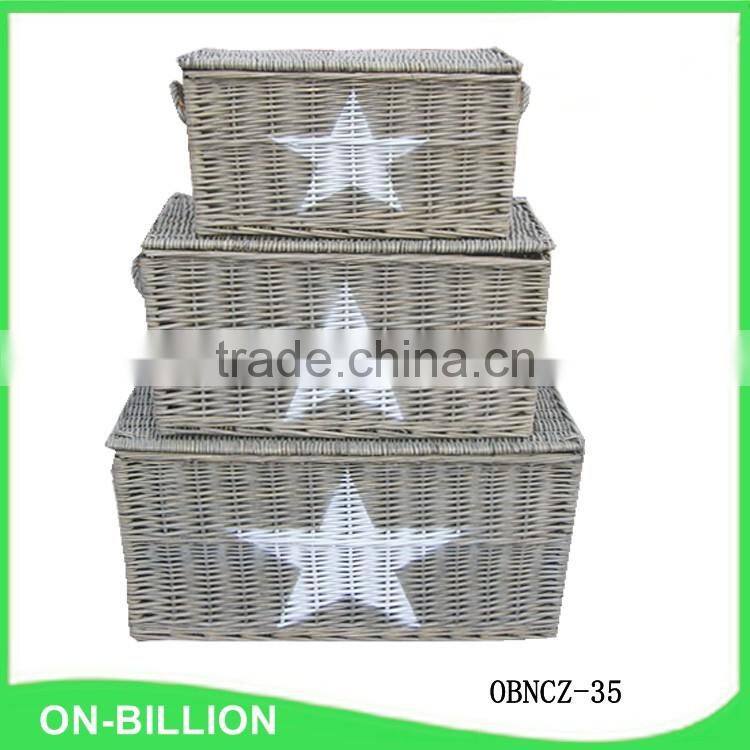 Set of 3 colored grey wicker storage basket with lid