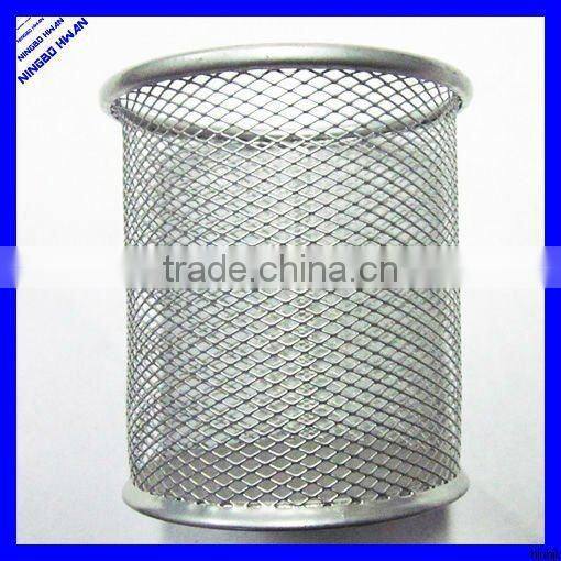 Round black metal mesh pen and paper clip holder