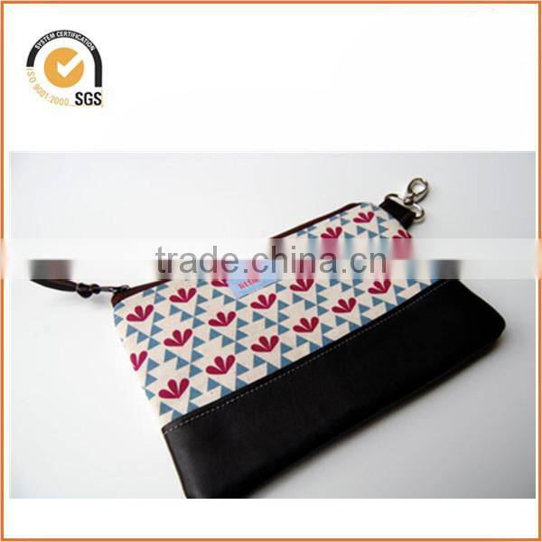 Triangles and Flower Print Print Cotton Canvas Mini Wallet / Zipper Pouch / Repurposed Leather By Chiqun Dongguan CQ-H02015