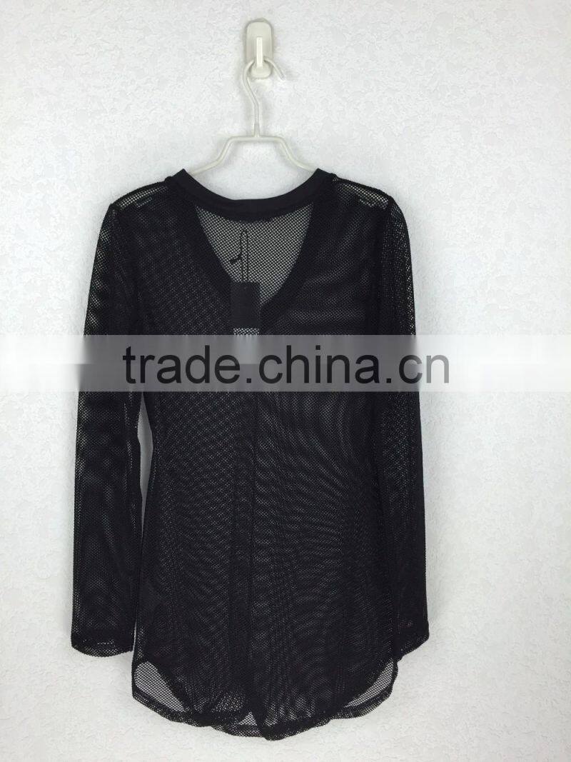 Original design lady v-neck sheer blouse long sleeve black mesh fabric blouse