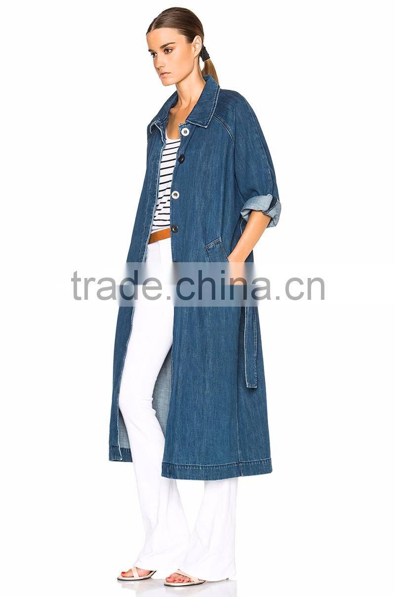 latest design fitted elongated long denim coat for women
