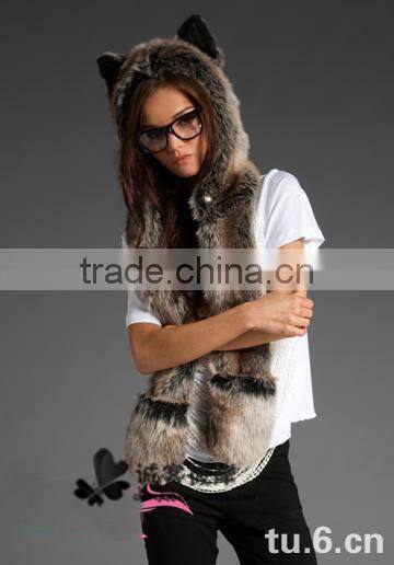 wholesale Europe and USA winter female faux rabbit fur animal hat togther with scarf