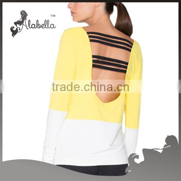 Bright yellow with white color yoga long t-shirt in Autumn