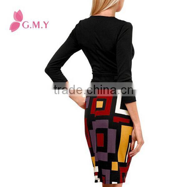 Women's Deep-V Neck Digital Print Slim Sexy Business Dress, Bodycon Dress