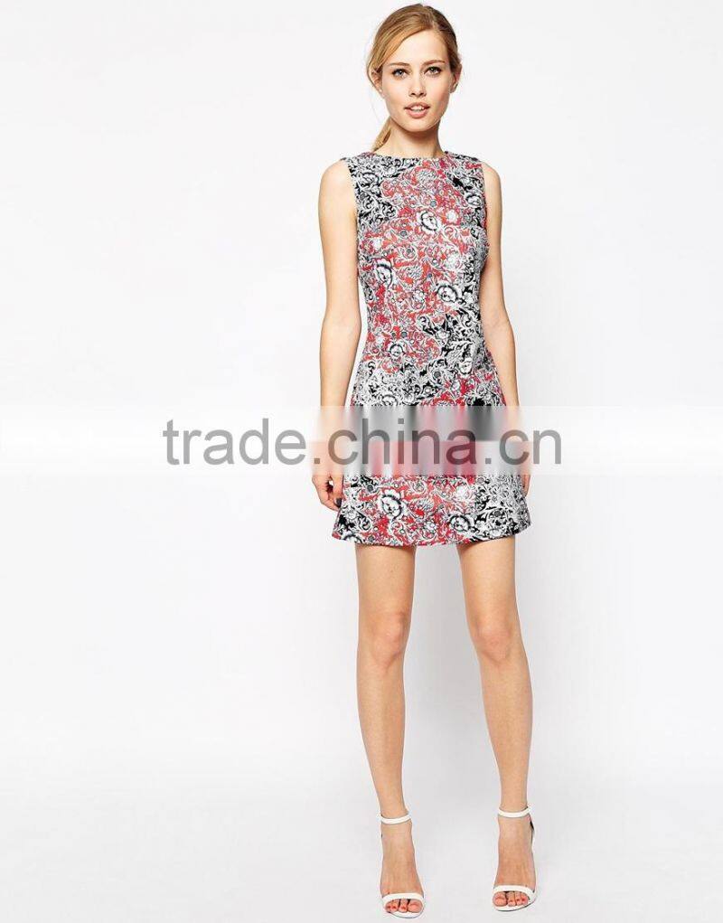 2016 Summer Floral Print Women Round Neck Sleeveless waist Midi Prom Dress