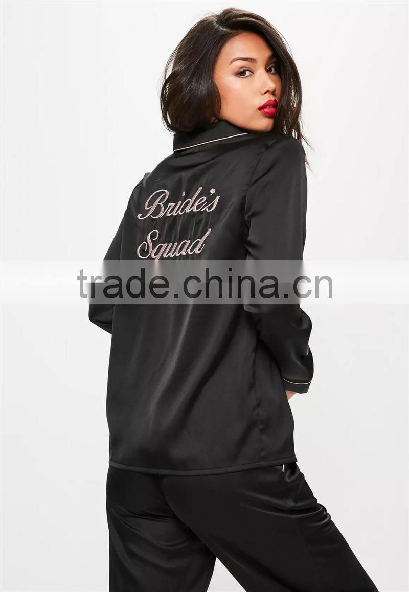 MGOO Custom Embroidery Logo Black Long Sleeves Long Pants Pyjamas Sets Piped Satin Silk Nightwear Sets